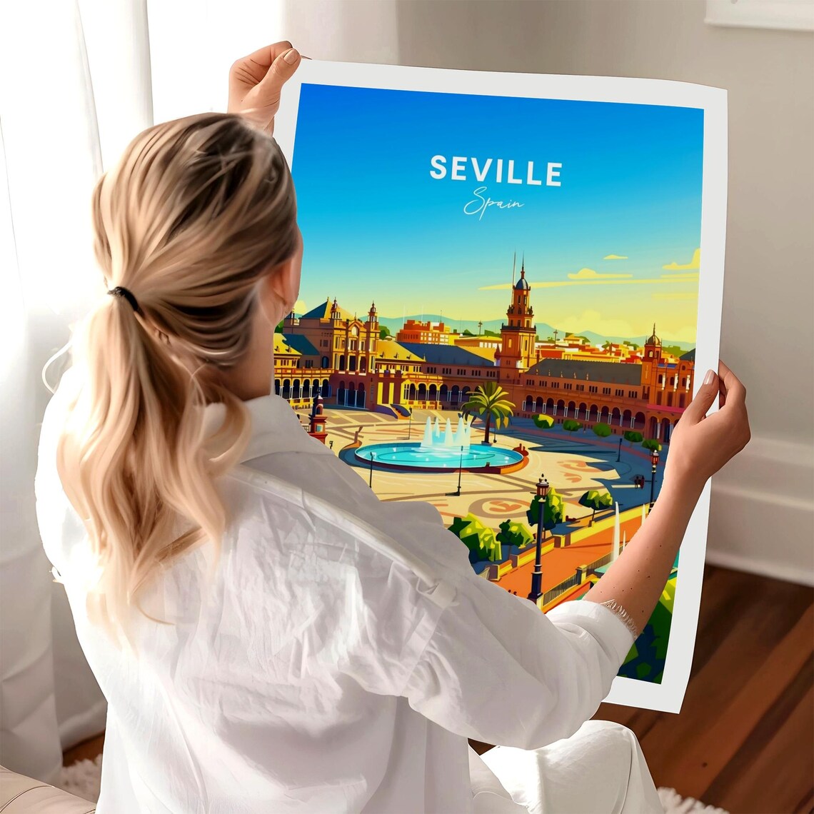 Seville Spain Plaza de Espana Fountain Golden Sunset View Poster - Image 3