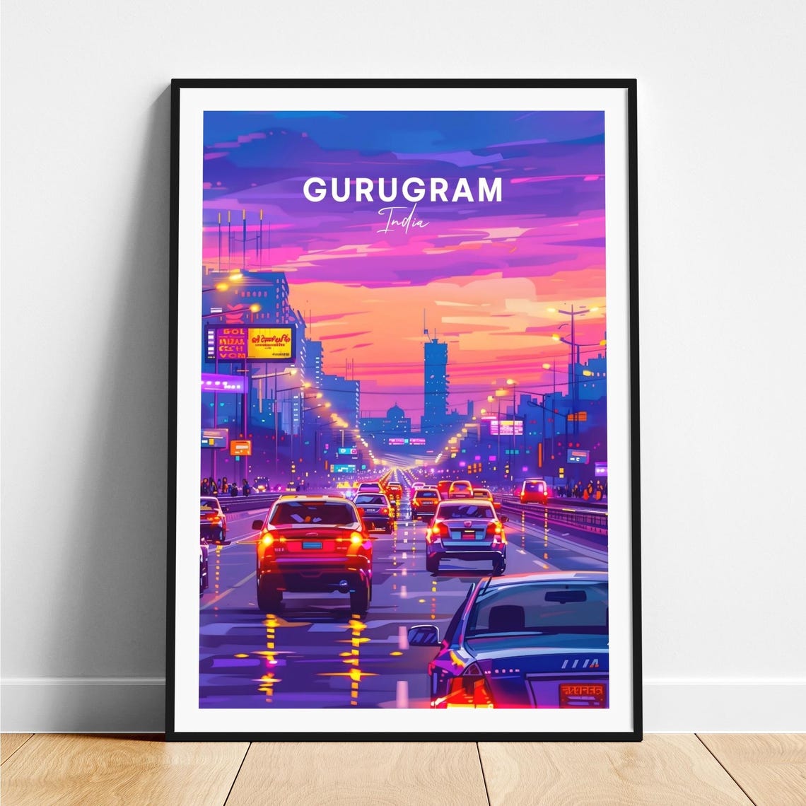 Gurugram India Highway Traffic at Dusk in Neon Glow Travel Poster