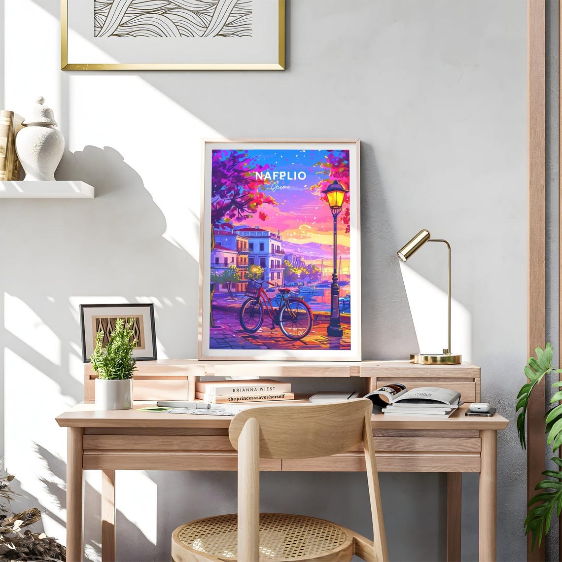 Nafplio Greece Red Bicycle Harbor Sunset Blossom Travel Poster - Image 4