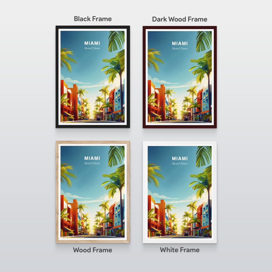 Miami Florida Palm Lined Avenue Colorful Buildings Travel Poster - Image 2
