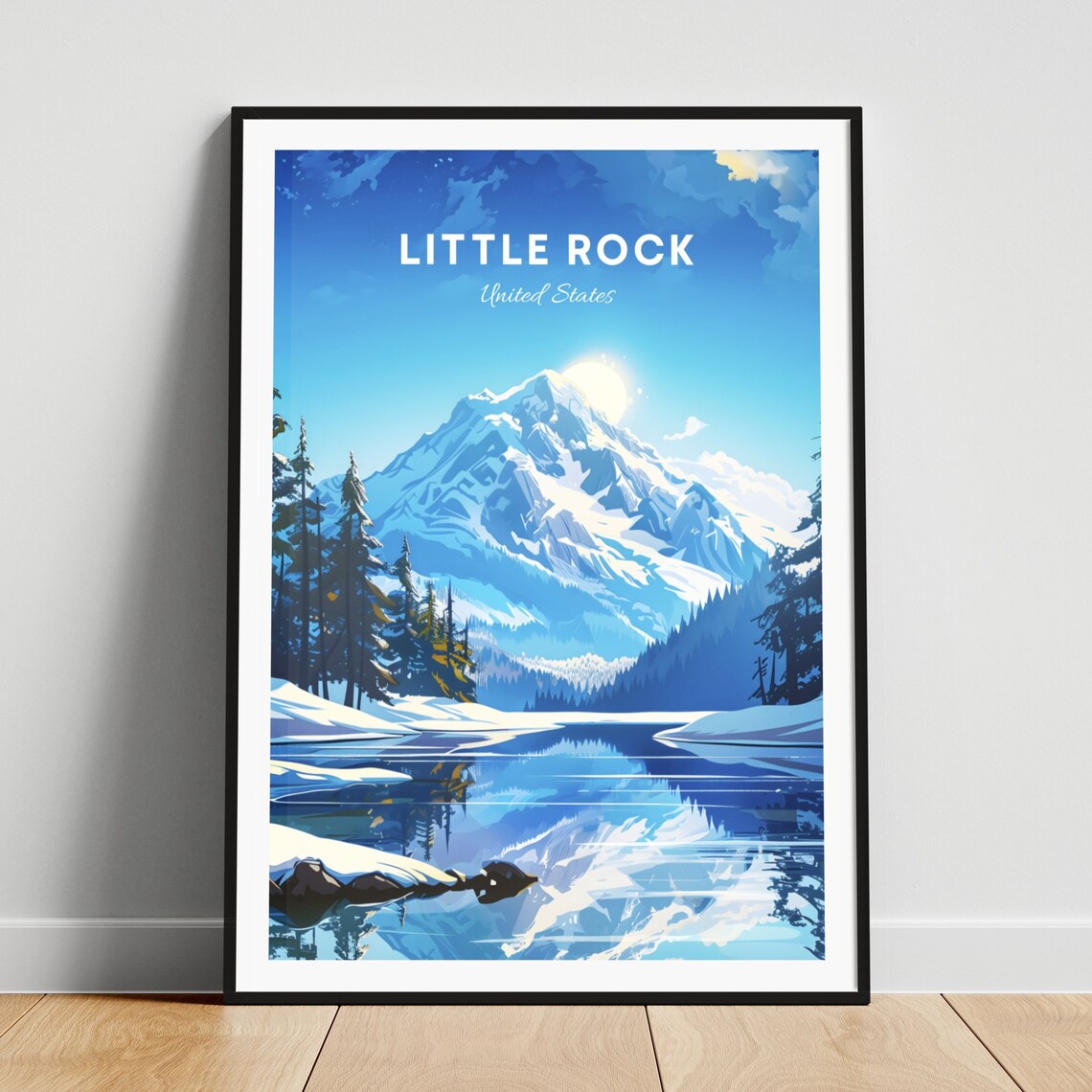 Little Rock Winter Snowy Mountain Lake Scene Travel Art Poster