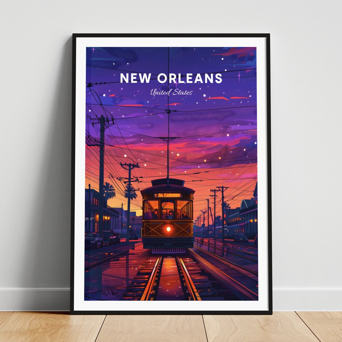 New Orleans St Charles Streetcar Starry Night Scene Travel Poster