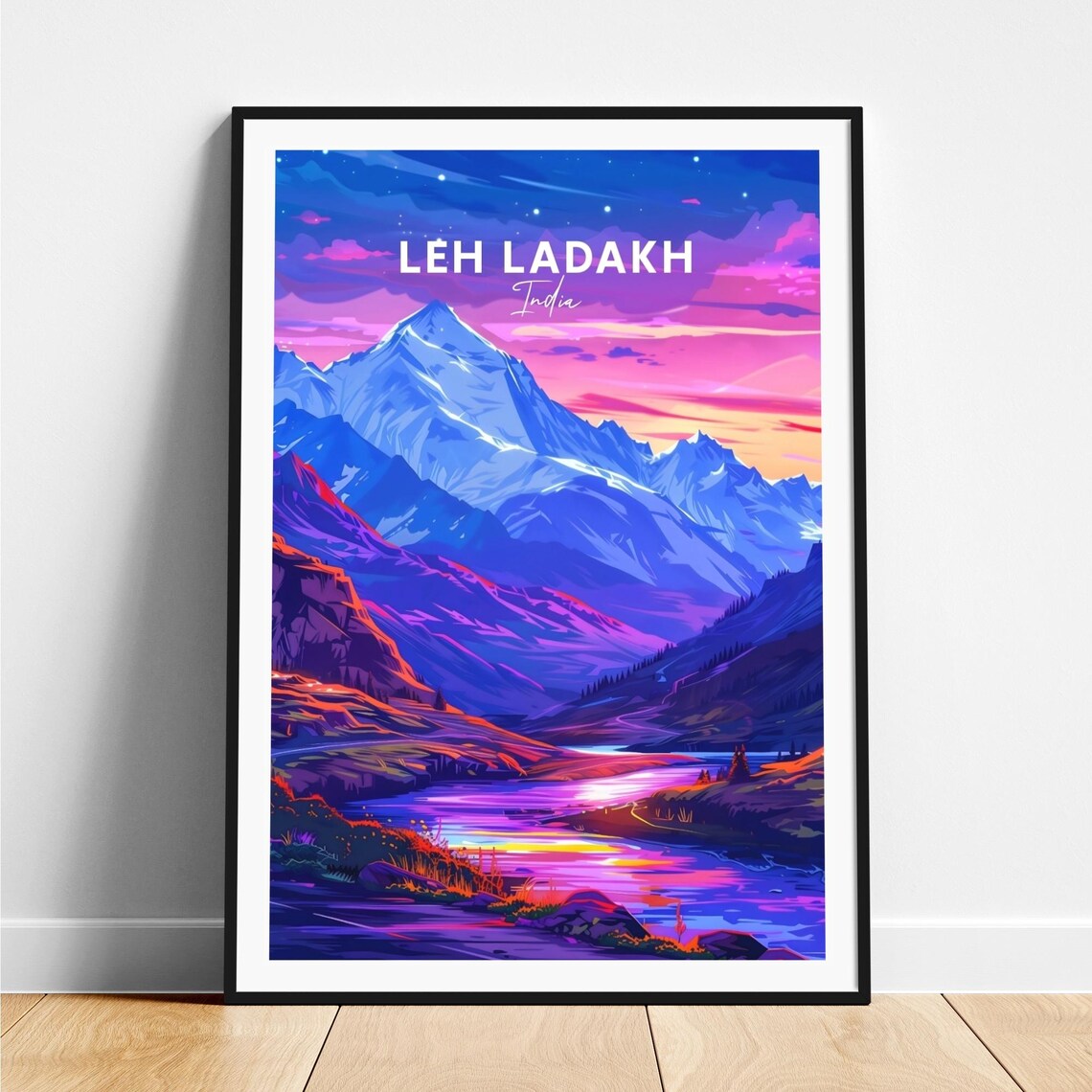 Leh Ladakh India Purple Sunset Peaks River Travel Poster Art