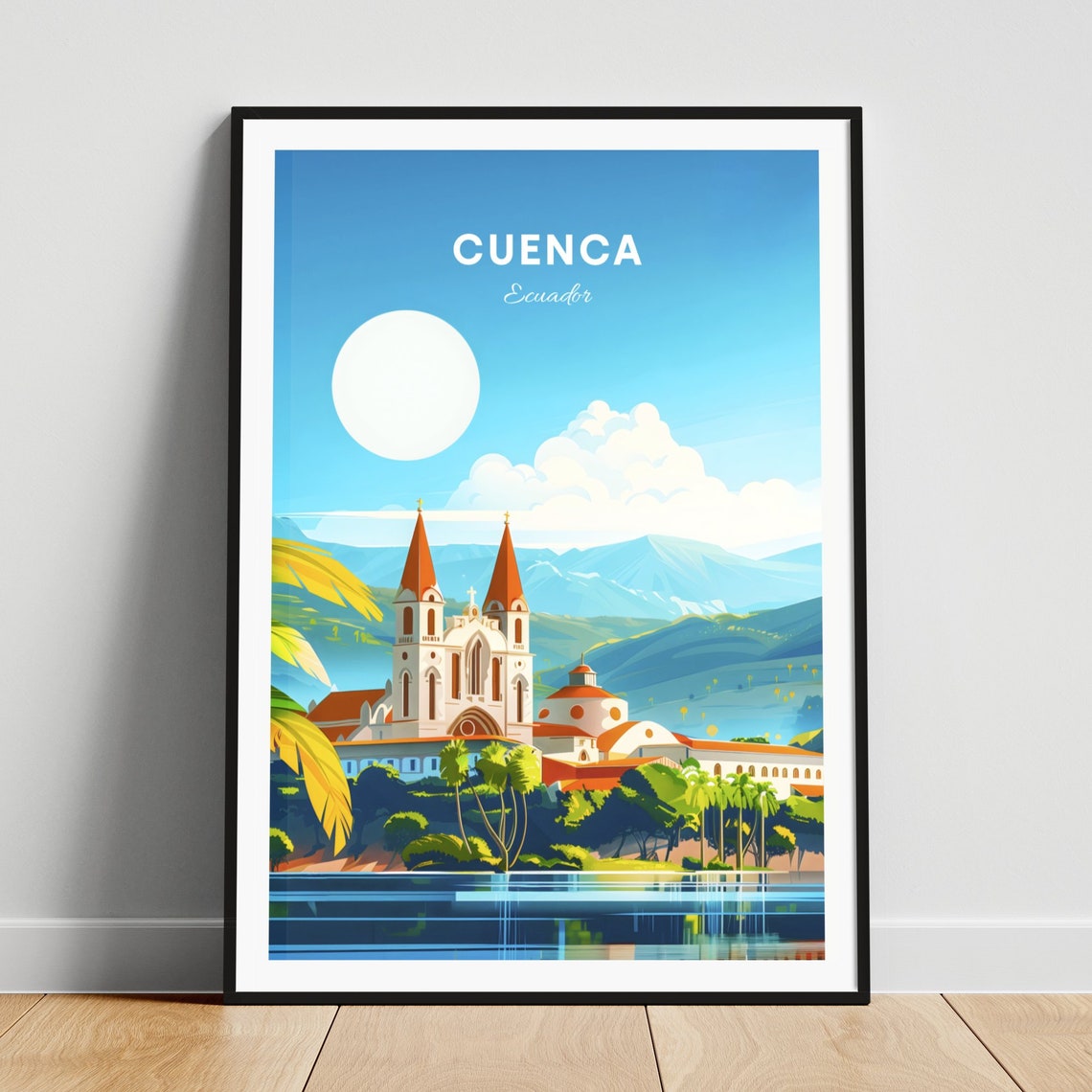 Cuenca Ecuador Twin Spire Cathedral Waterfront Travel Poster