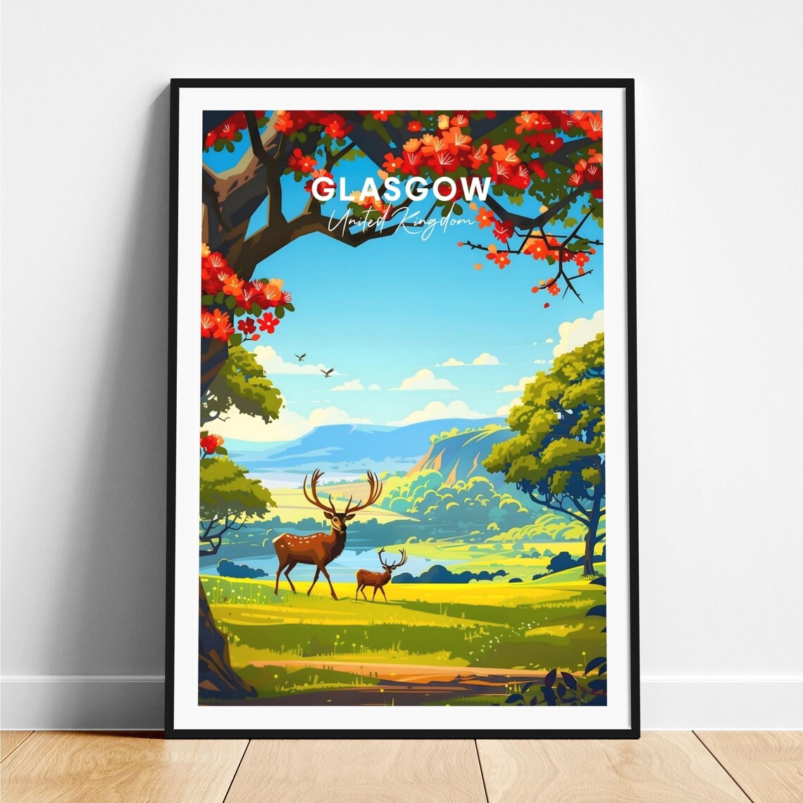 Glasgow Deer Park Blossom Lake Rolling Green Hills Travel Poster