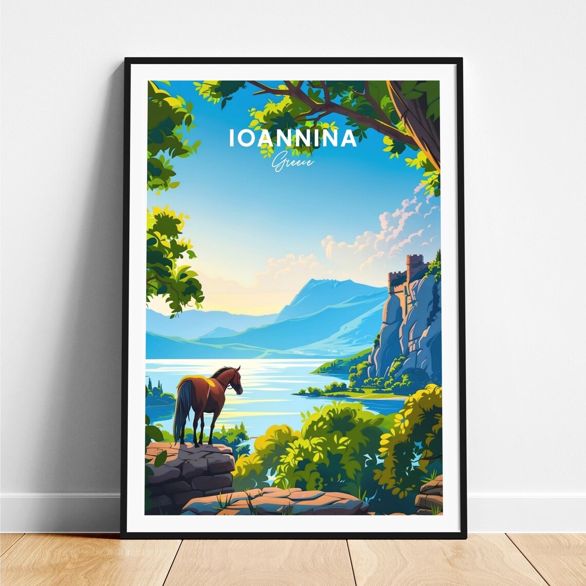 Ioannina Greece Lake View Travel Poster with Horse Illustration Art