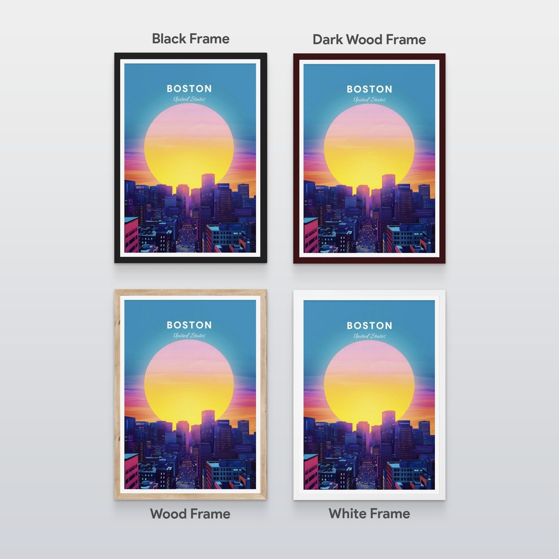 Boston Massachusetts Skyline Under Giant Sun Retro Travel Poster Art - Image 2