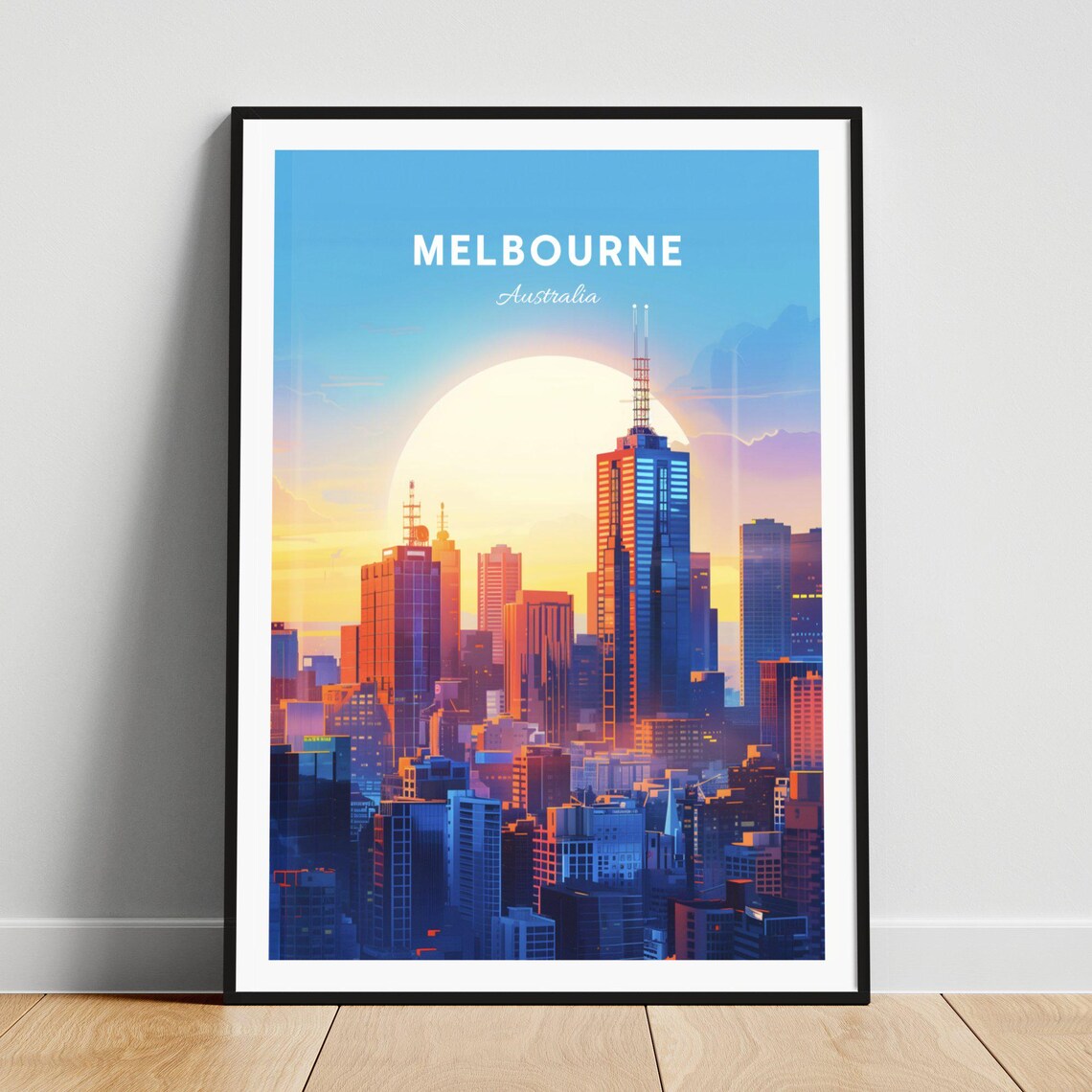Melbourne Australia Sunset Skyline Skyscrapers Golden Hour Poster