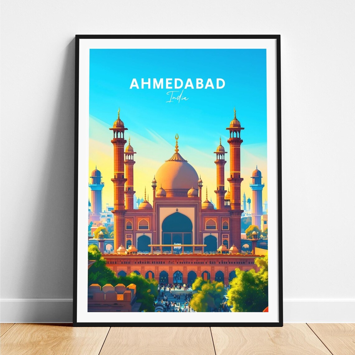 Ahmedabad India Grand Mosque Minarets Dome Crowd Travel Poster