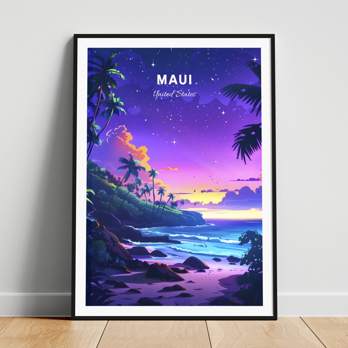 Maui Island Night Beach Palm Trees Starry Sky Hawaii Travel Poster