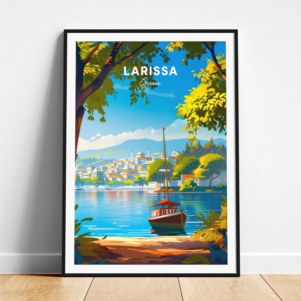 Larissa Greece Waterfront Town Sailboat Summer Travel Art Poster