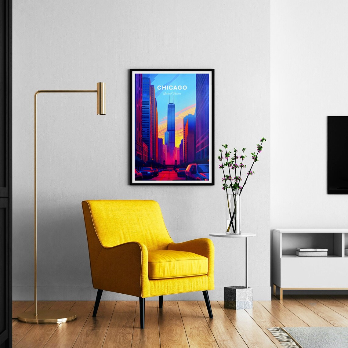 Chicago Illinois Neon Downtown Street Sunset Traffic Travel Art Poster - Image 3