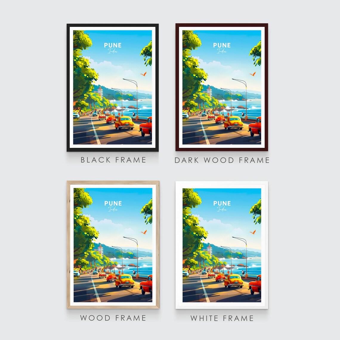 Pune Coastal Drive Vintage Cars Ocean View India Travel Poster - Image 3