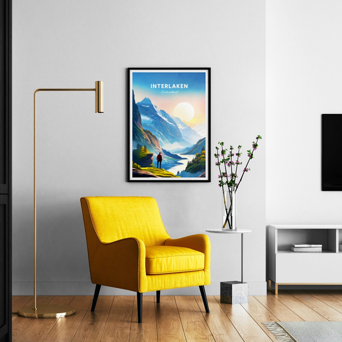 Interlaken Switzerland Hiker Alpine Lake Sunrise View Poster - Image 2