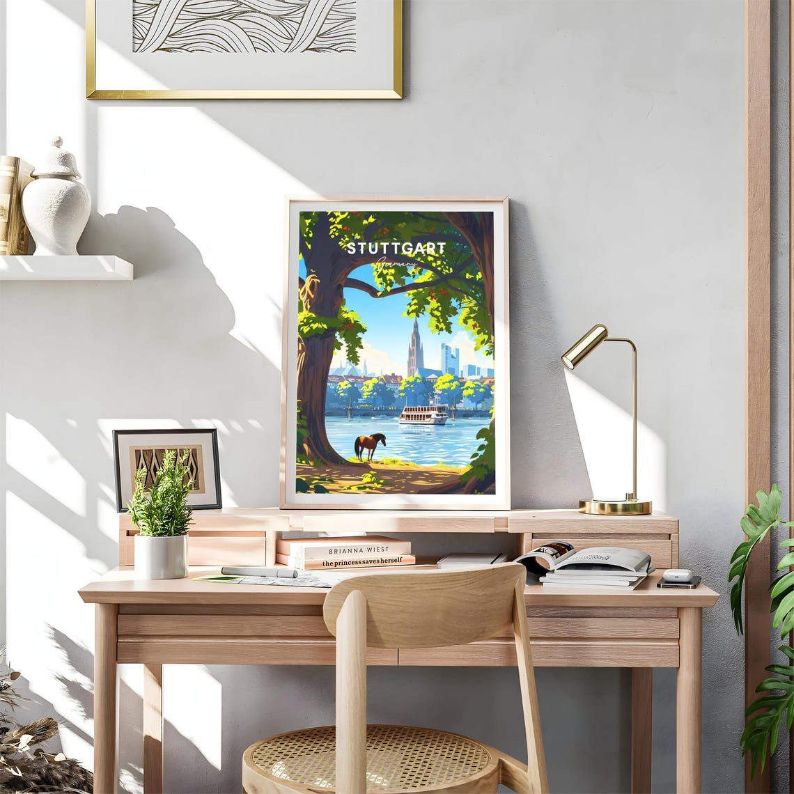 Stuttgart Sunny Riverside Horse Under Trees Germany Travel Poster - Image 4