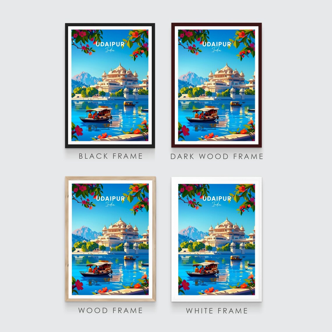 Udaipur Lake Palace Boats Mountains India Vintage Travel Poster - Image 3