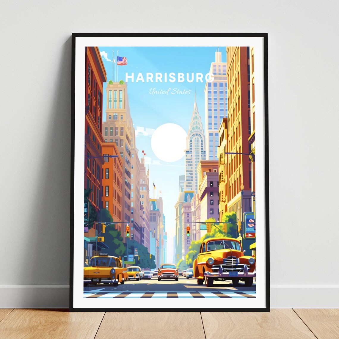 Harrisburg Pennsylvania City Skyline Vintage Taxi Cabs Poster