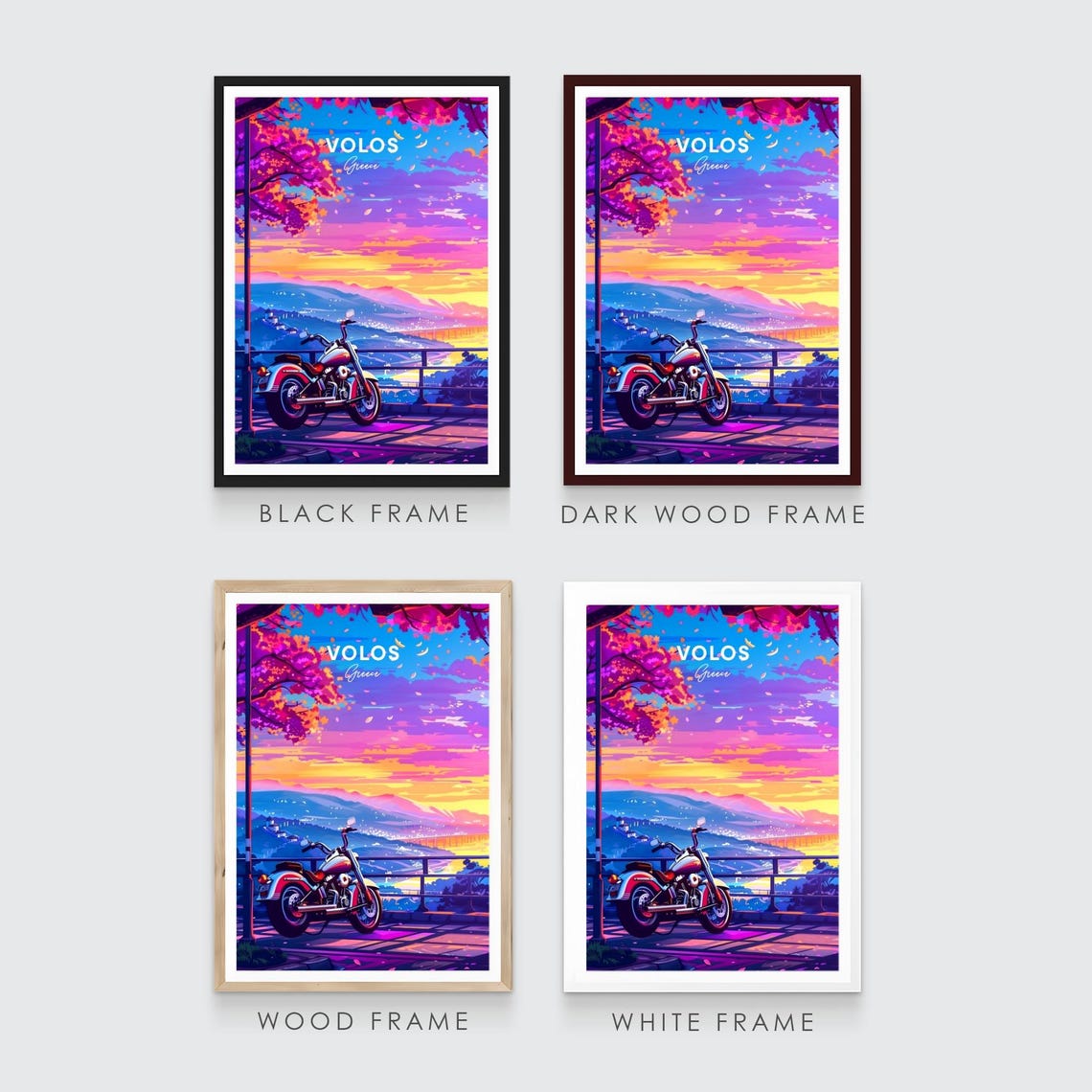 Volos Greece Motorcycle at Sunset Overlook with City Lights Poster - Image 3