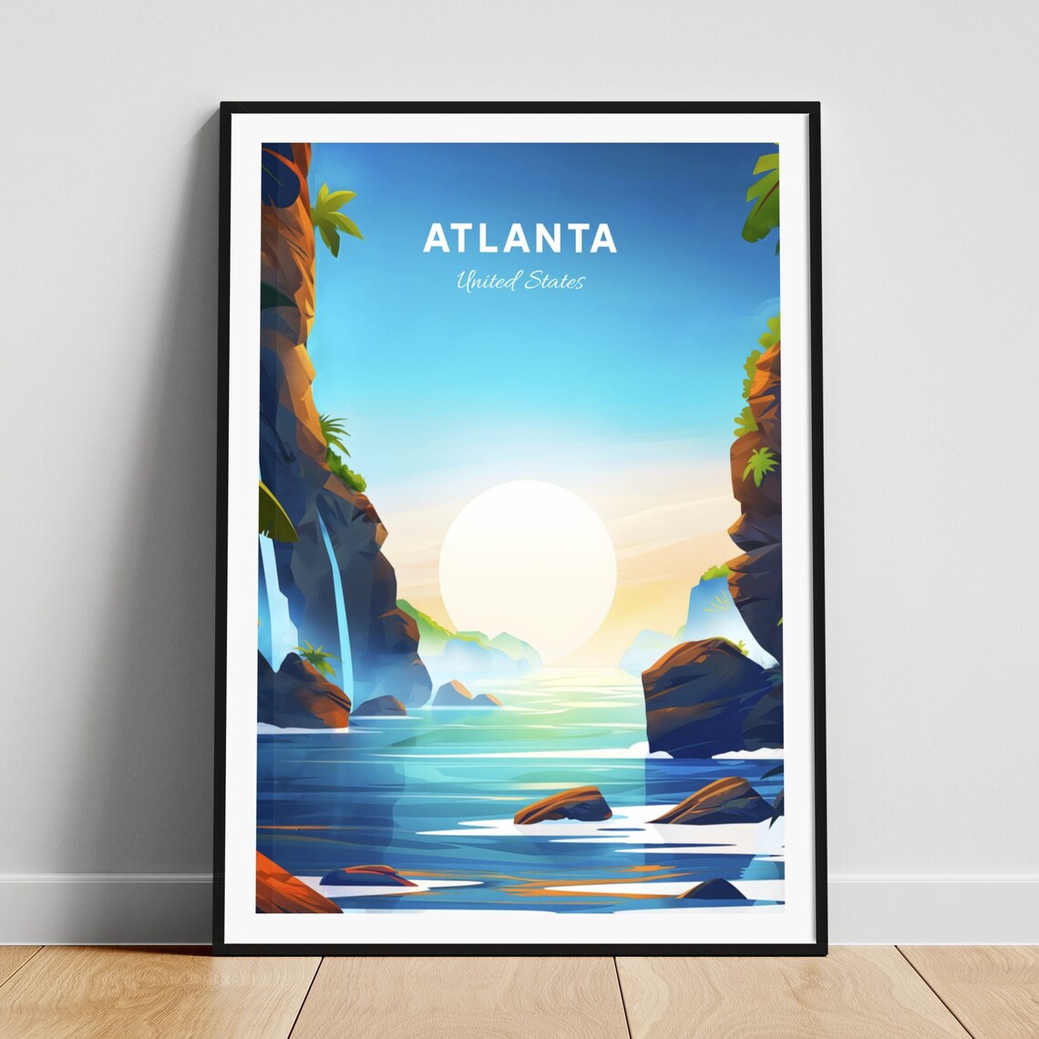 Atlanta Georgia Tropical Cove Waterfall Sunset Shore Retro Poster