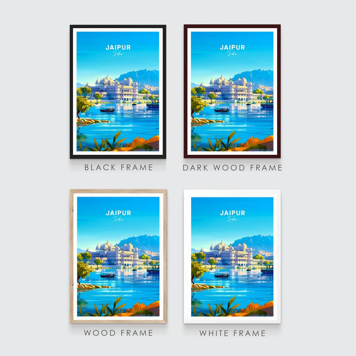 Jaipur India Lake Palace Boats Sunset Reflection Travel Poster - Image 3