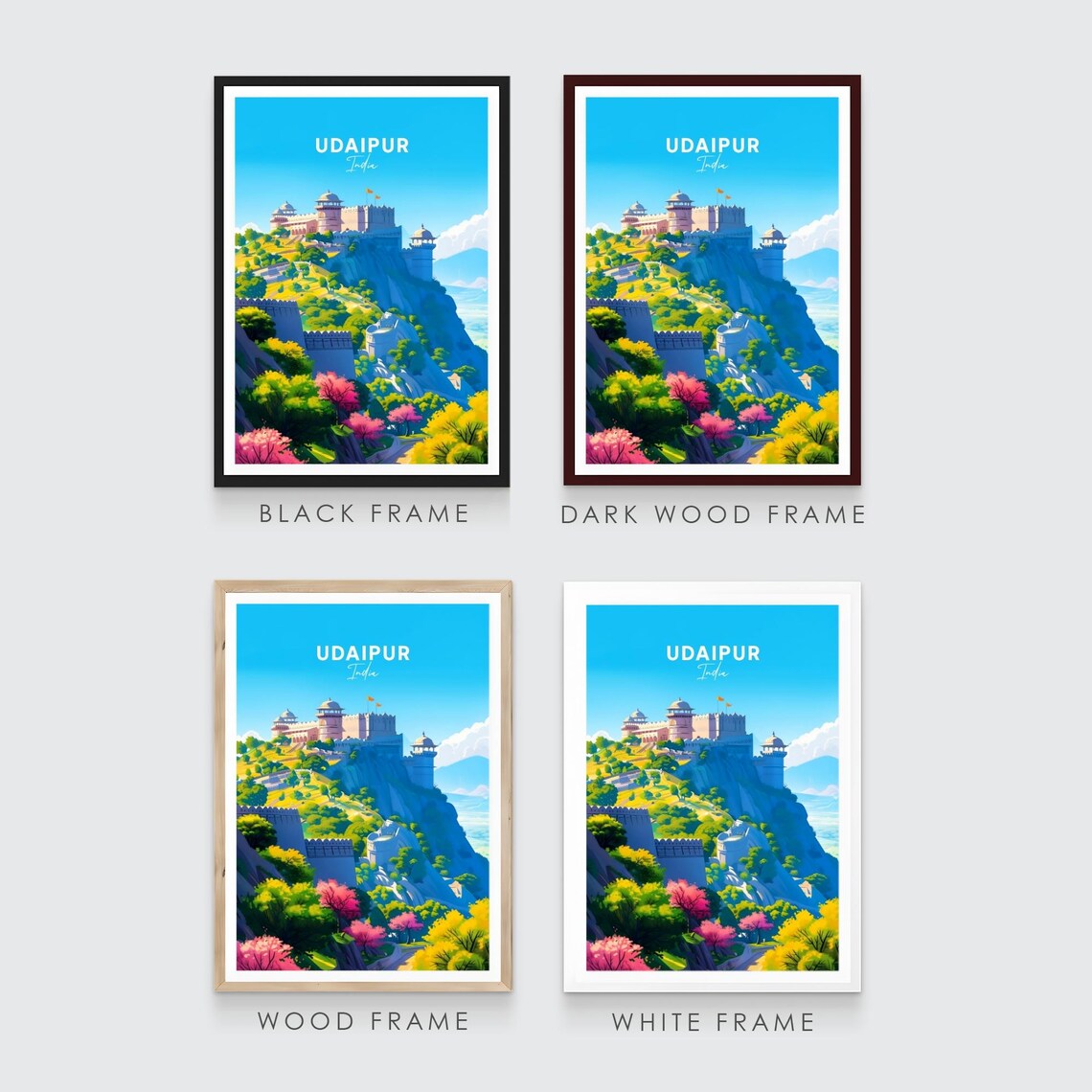 Udaipur Hilltop Fortress Blossoms Panoramic India Travel Poster - Image 3