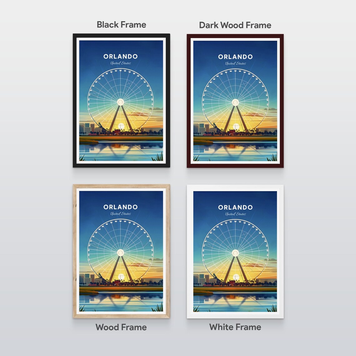 Orlando Ferris Wheel Sunset Over Water Skyline Vintage Travel Poster - Image 2