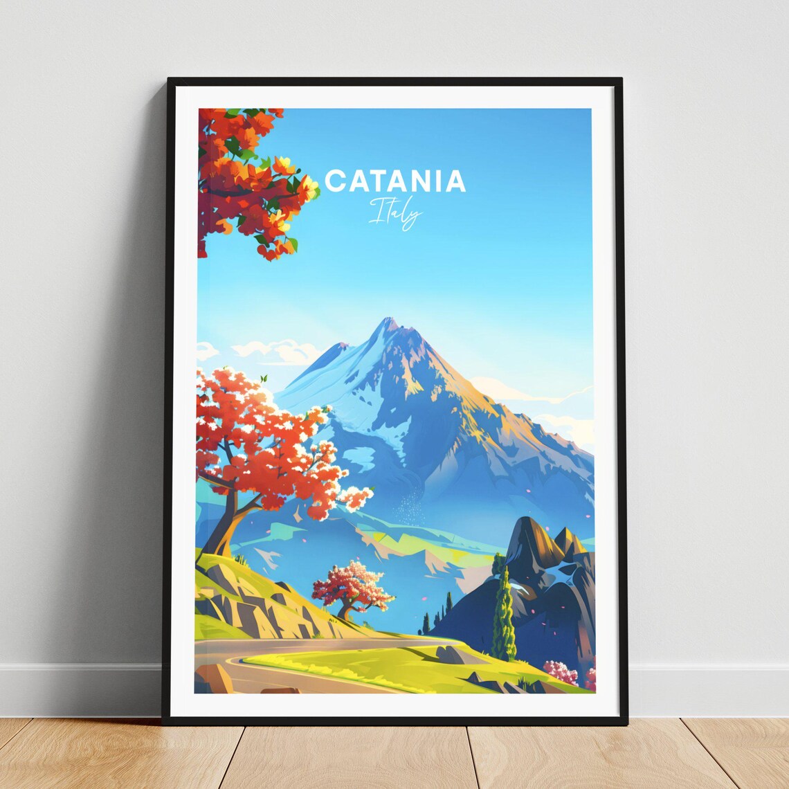 Catania Italy Mount Etna Spring Blossoms Mountain View Travel Poster