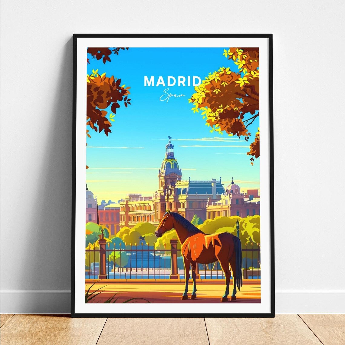 Madrid Horse Palace Dome Fountain Golden Day City View Travel Poster