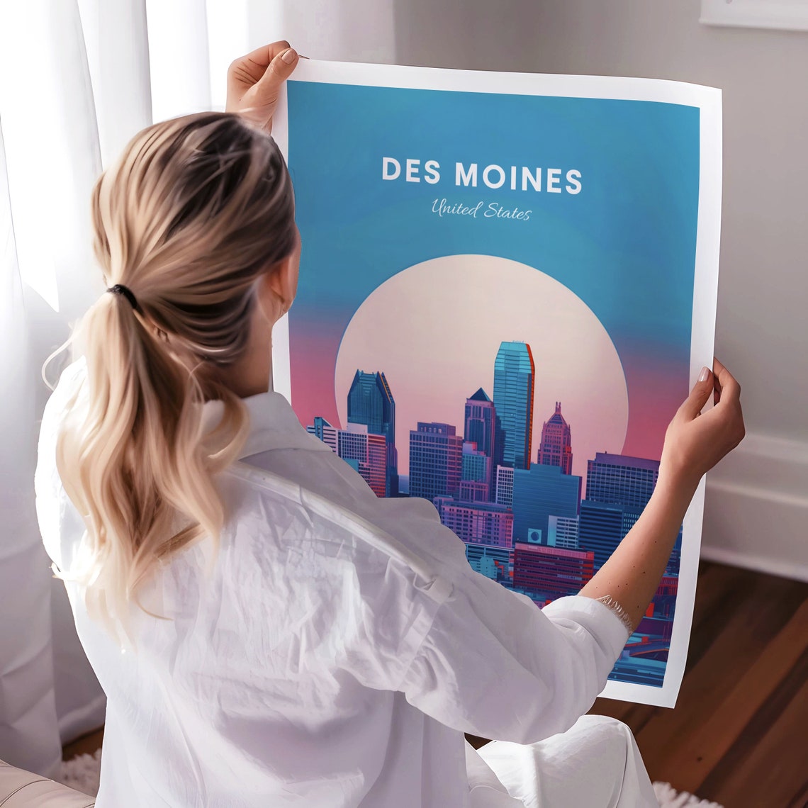 Des Moines City Skyline Under the Giant Full Moon Travel Poster - Image 3