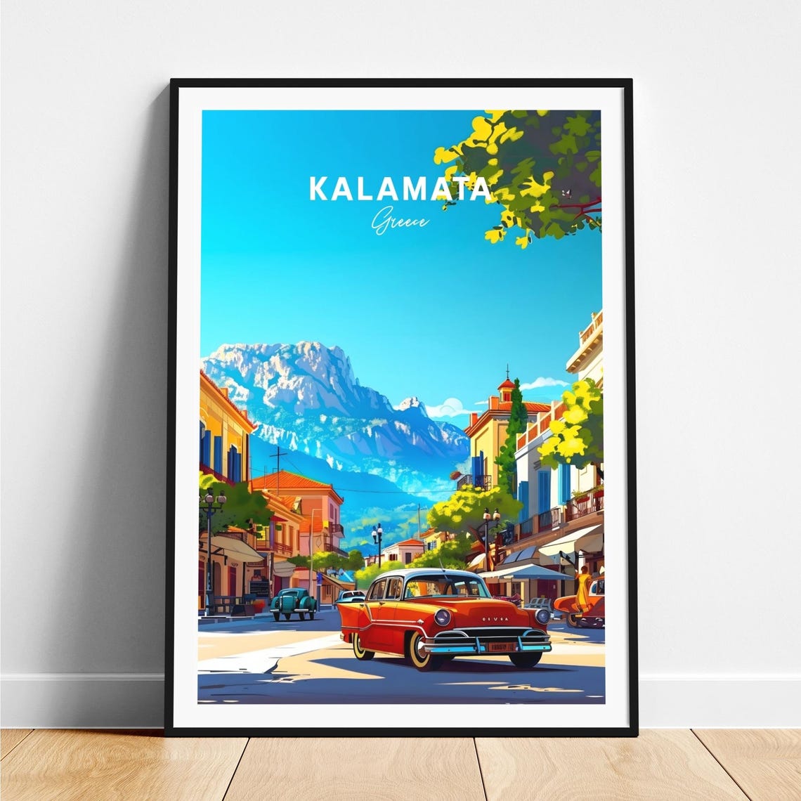 Kalamata Greece Classic Car Street Mountain View Sunny Poster
