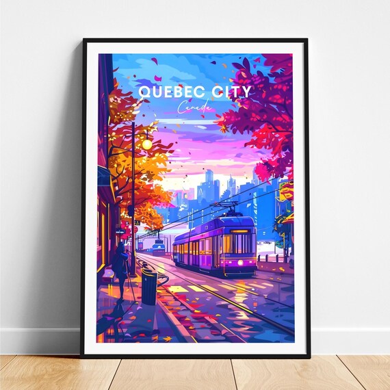Quebec City Canada Tram Dusk Neon Street Autumn Leaves Poster