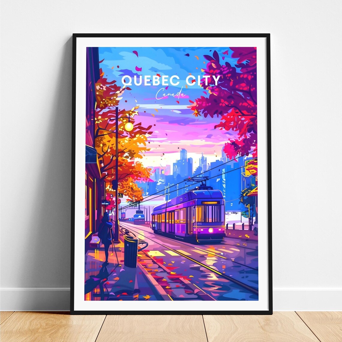 Quebec City Canada Tram Dusk Neon Street Autumn Leaves Poster