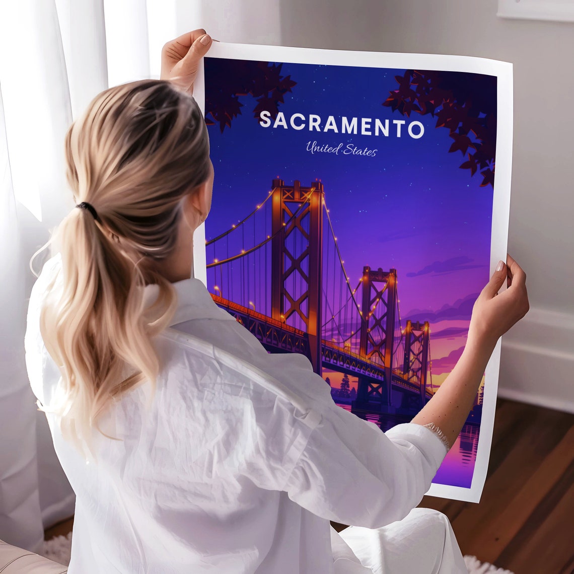 Sacramento Tower Bridge Night Purple Starry Sky River Poster - Image 3