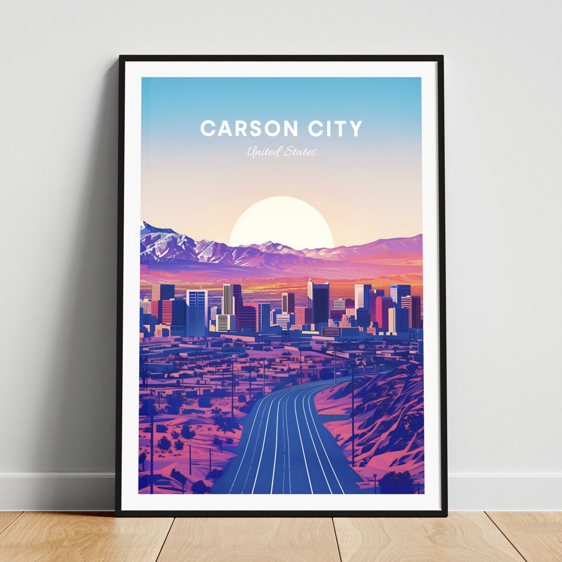 Carson City Sunset Desert Highway and Neon Skyline Travel Poster
