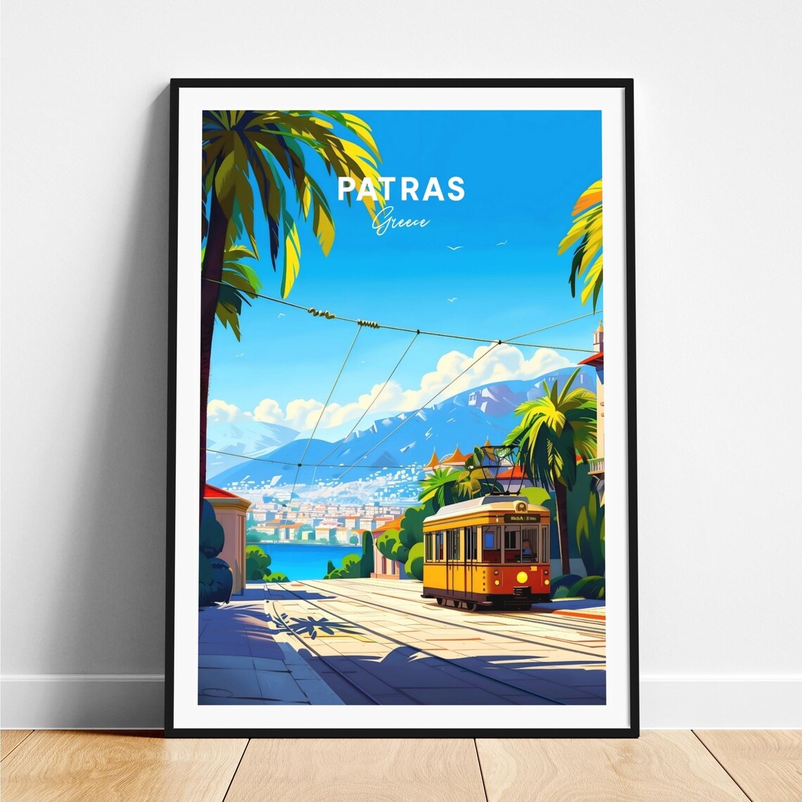 Patras Greece Yellow Tram Palms Sea Mountains Travel Art Poster
