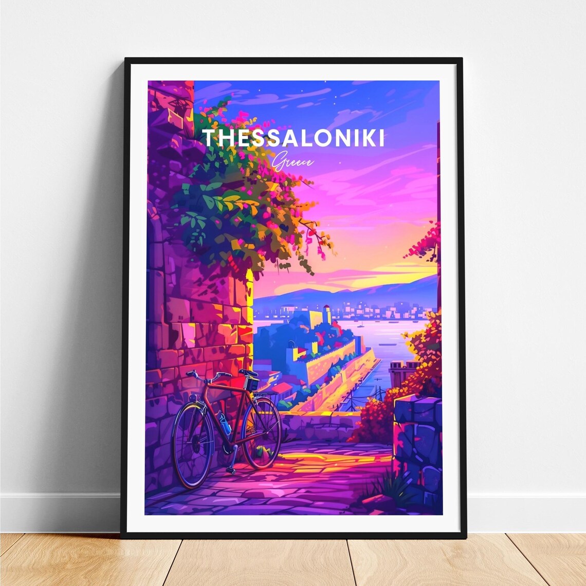 Thessaloniki Old Fortress Sunset Bicycle Greece Travel Poster