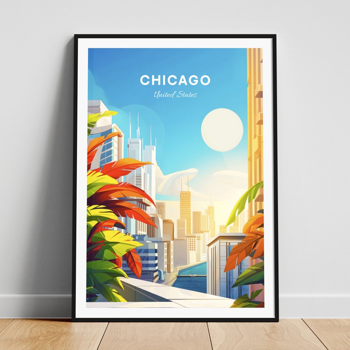 Chicago Illinois Skyline Through Tropical Leaves Sunny Travel Poster