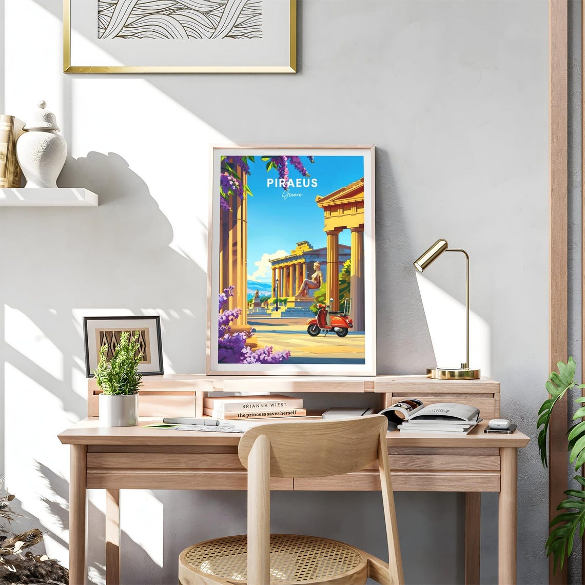 Piraeus Greece Ancient Columns Statue Vespa Spring Travel Poster - Image 4