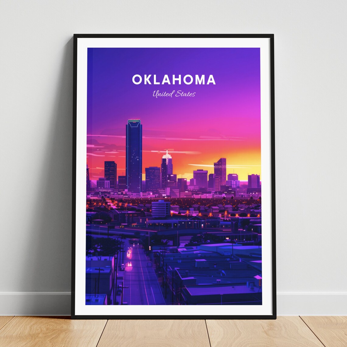 Oklahoma Sunset Downtown Skyline Purple Orange Glow Travel Poster