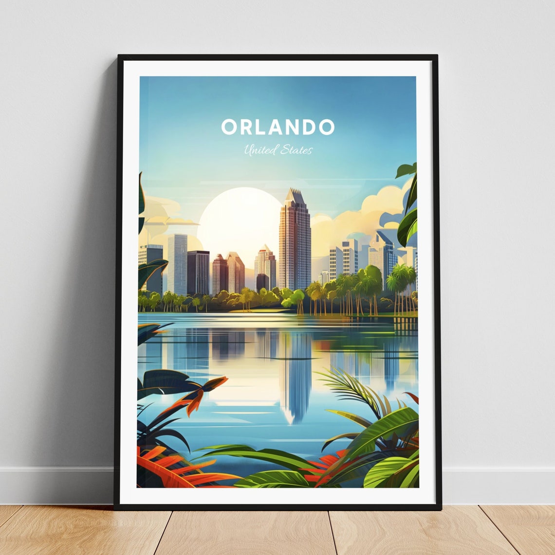 Orlando Florida Downtown Skyline Lake Reflection Vintage Travel Poster