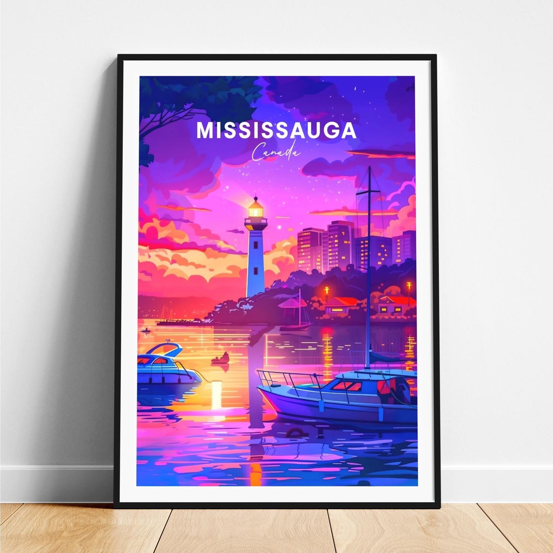 Mississauga Canada Lighthouse Sunset Harbor Boats Glow Poster