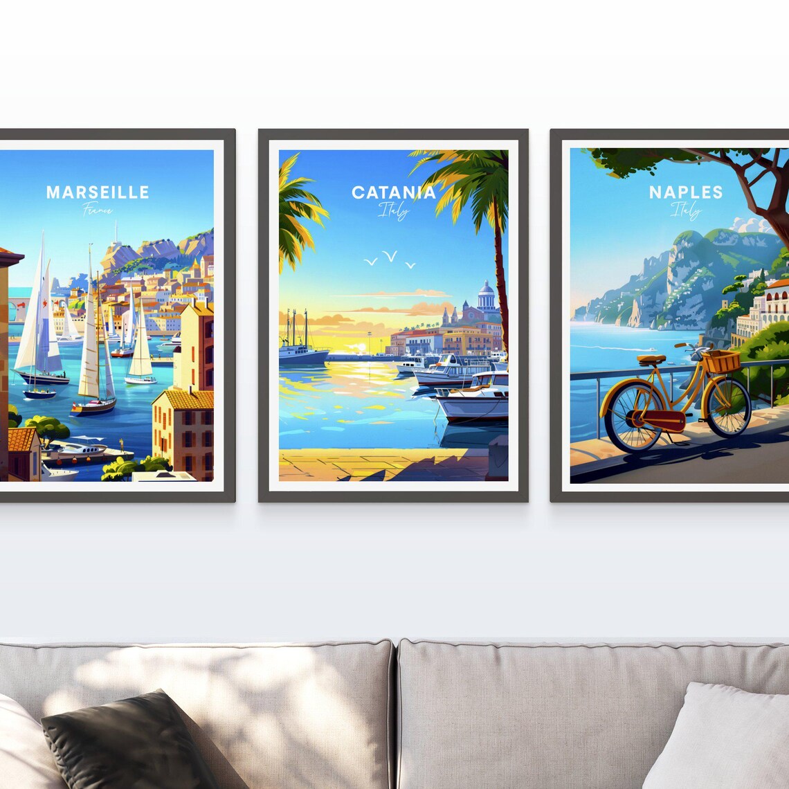 Catania Italy Sunny Harbor Boats Palms Sunrise View Travel Poster - Image 3