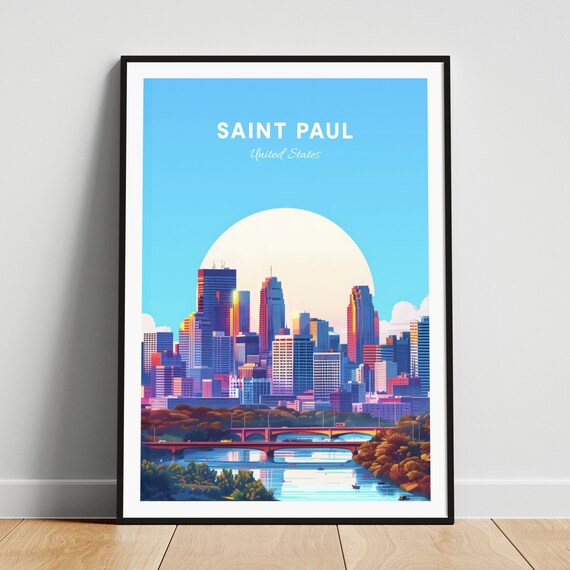 Saint Paul United States Sunset Skyline River Bridge Travel Poster