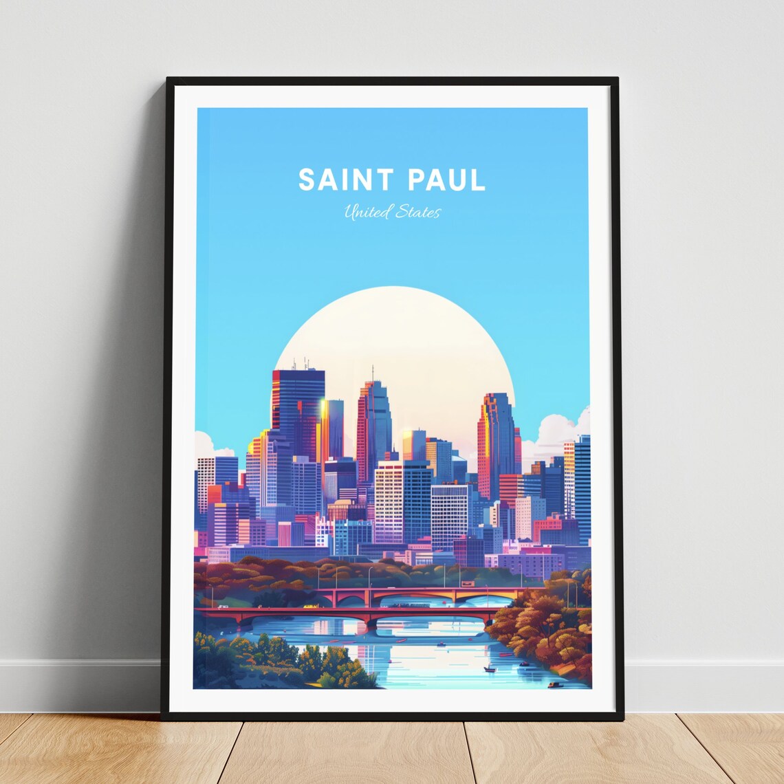 Saint Paul United States Sunset Skyline River Bridge Travel Poster
