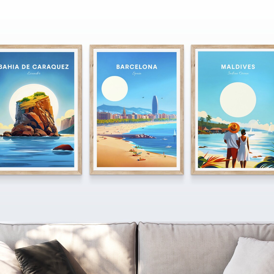 Barcelona Spain Sunny Beach City Skyline Glowing Sun Travel Poster - Image 4