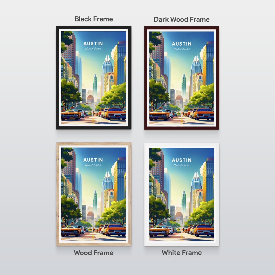 Sunny Austin Texas Downtown Skyline Street Classic Cars Poster - Image 2