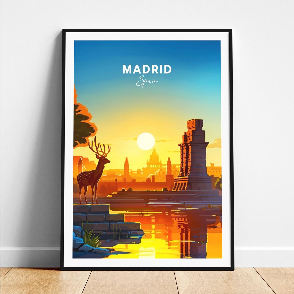 Madrid Sunset Skyline Deer Water Reflection Orange Glow Travel Poster