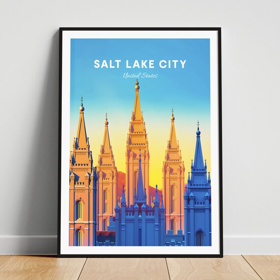 Salt Lake City Temple Golden Sunset Spires Travel Art Poster