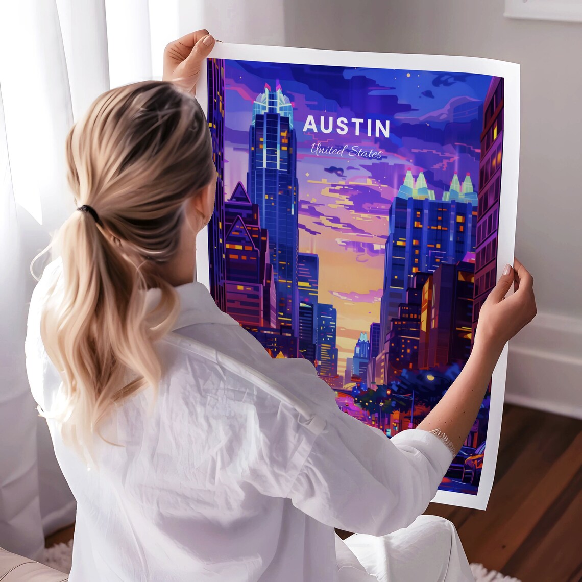 Austin Downtown Street at Night with Glowing Skyscrapers Poster - Image 3
