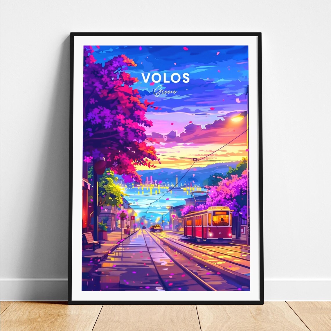 Volos Greece Red Tram at Dusk with Blossoms and Harbor Lights Poster